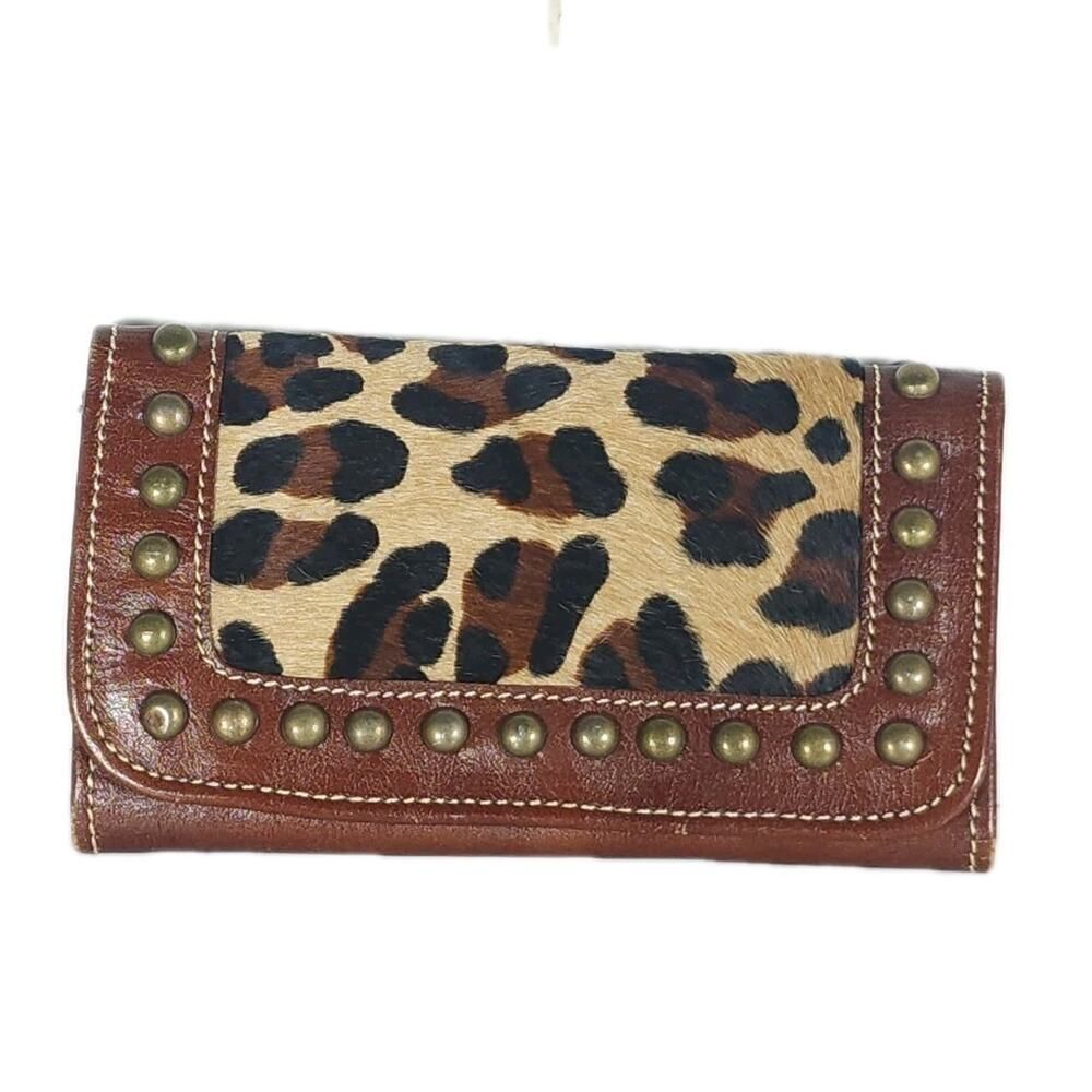 American West Leather Cowhide Leopard Print Studded Zipper Trifold Wallet